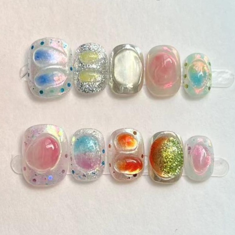 Nail Art Full Color - 10Pcs Cute Short Round Handmade Fake