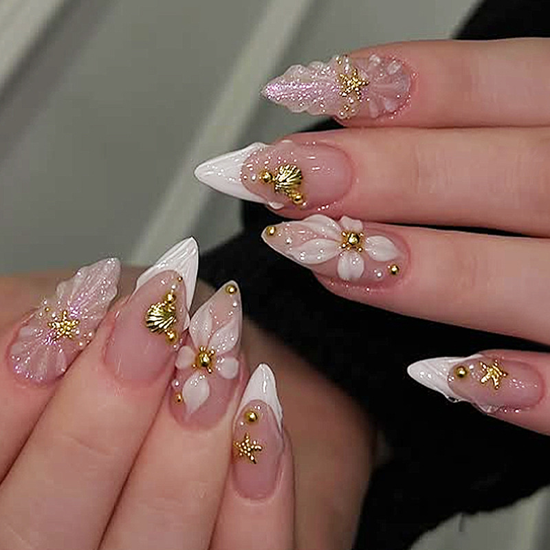 Nail Art Flower - 24pcs Finished Almond Press on Nails