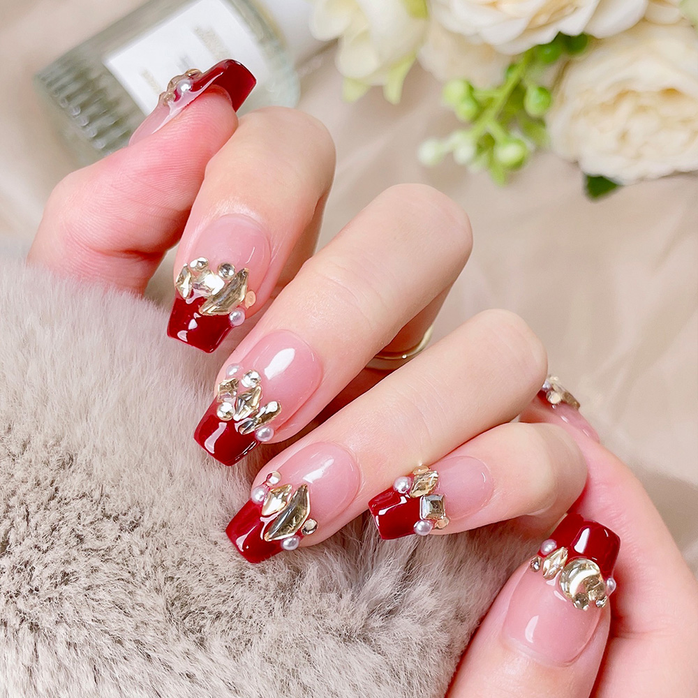 10pcs Short Trapezoid Handmade - đánh giá và giá Nail Art Red