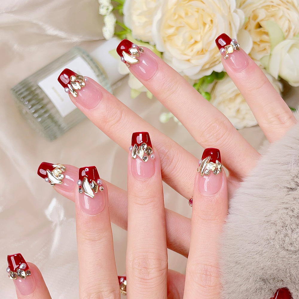 10pcs Short Trapezoid Handmade - đánh giá và giá Nail Art Red
