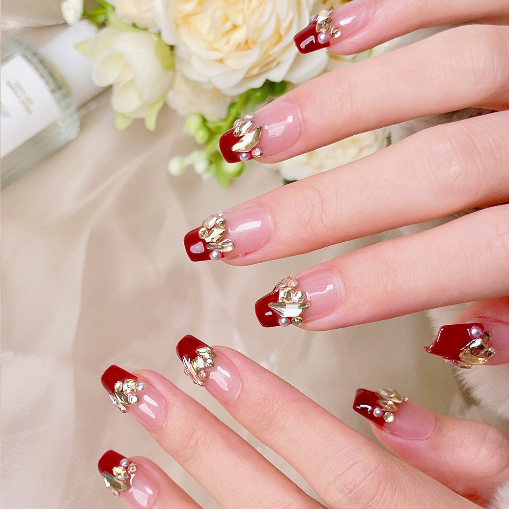 10pcs Short Trapezoid Handmade - đánh giá và giá Nail Art Red