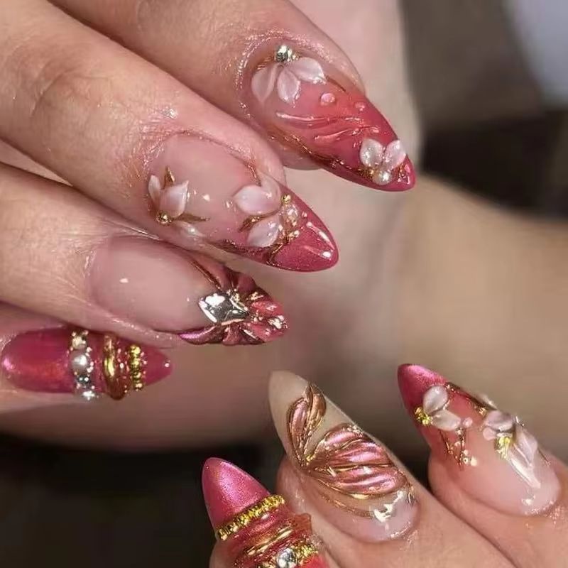 24Pcs Almond Press on Fake Nai - đánh giá và giá Nail Art Red Wine Cat Eye